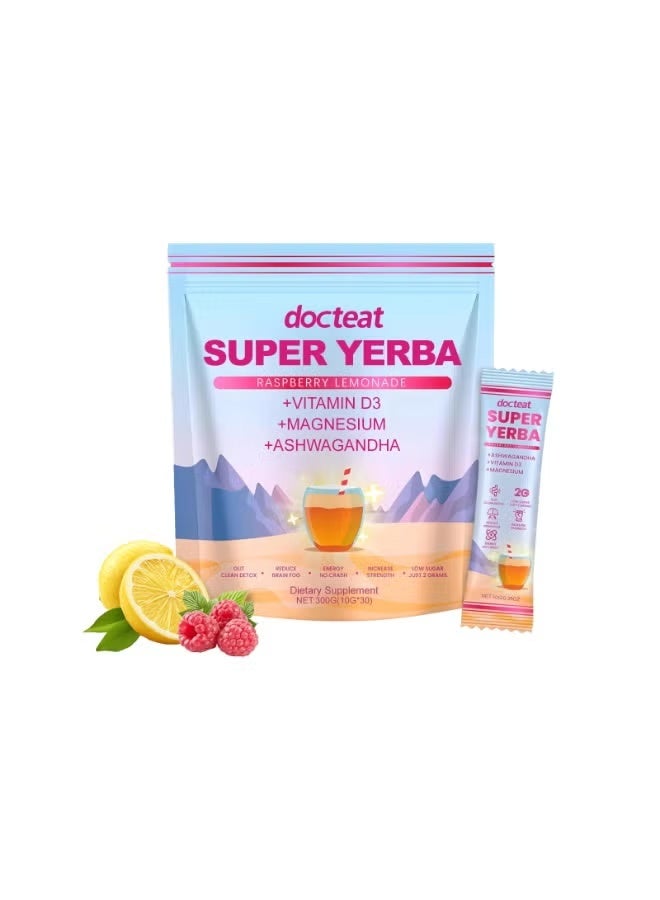 دوكتيت Docteat Super Mate Tea Raspberry Lemon Flavor - 30 كيس مشروب طاقة منخفض السكر يخفف من التعب وينشط ويمنع النعاس - مكمل غذائي غذائي - Image 1
